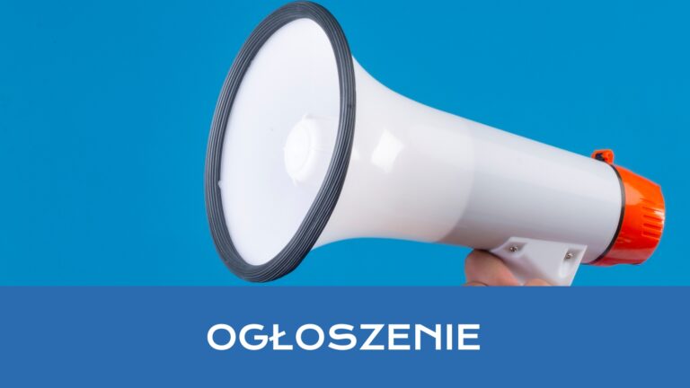 Biały megafon na niebieskim tle i napis: Ogłoszenie